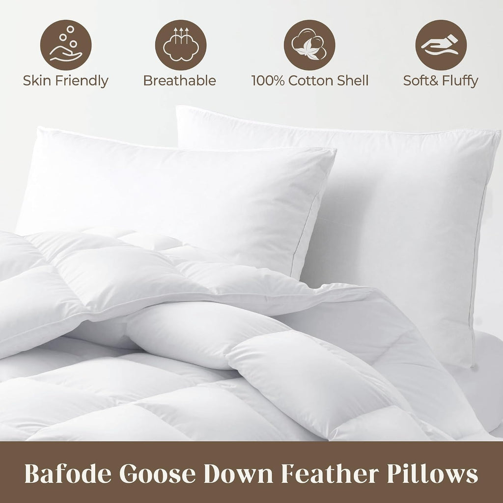 Goose down Feather Pillows, Soft Bed Pillows Queen Size Set of 2, 100% Soft Cotton Shell,Gusseted Hotel Pillows for Back, Stomach or Side Sleepers