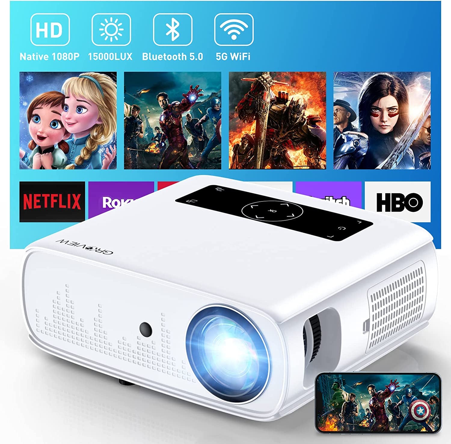 Projector, 4K Projector with Wifi and Bluetooth Support, 15000Lux FHD 1080P Portable Projector for Outdoor Moive, 300'' Theater, Zoomable, [One-Step Mirroring] for Ios/ Android, TV Stick, PS5