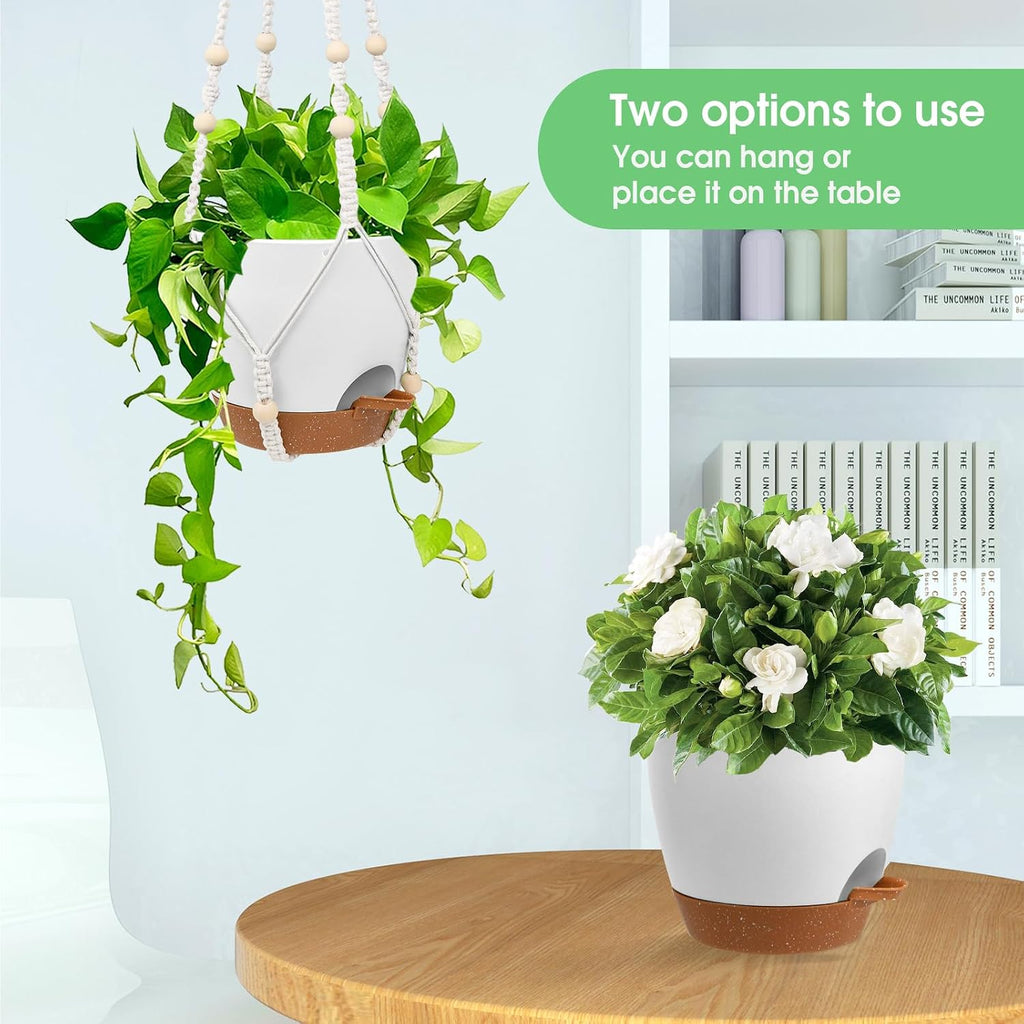 8'' Self Watering Hanging Planters with 2 Kinds of Plant Hangers,2 Pack | Hanging Planters for Indoor Outdoor Plants, Drainage Holes, Removable Tray, Hanging Basket for Home Garden