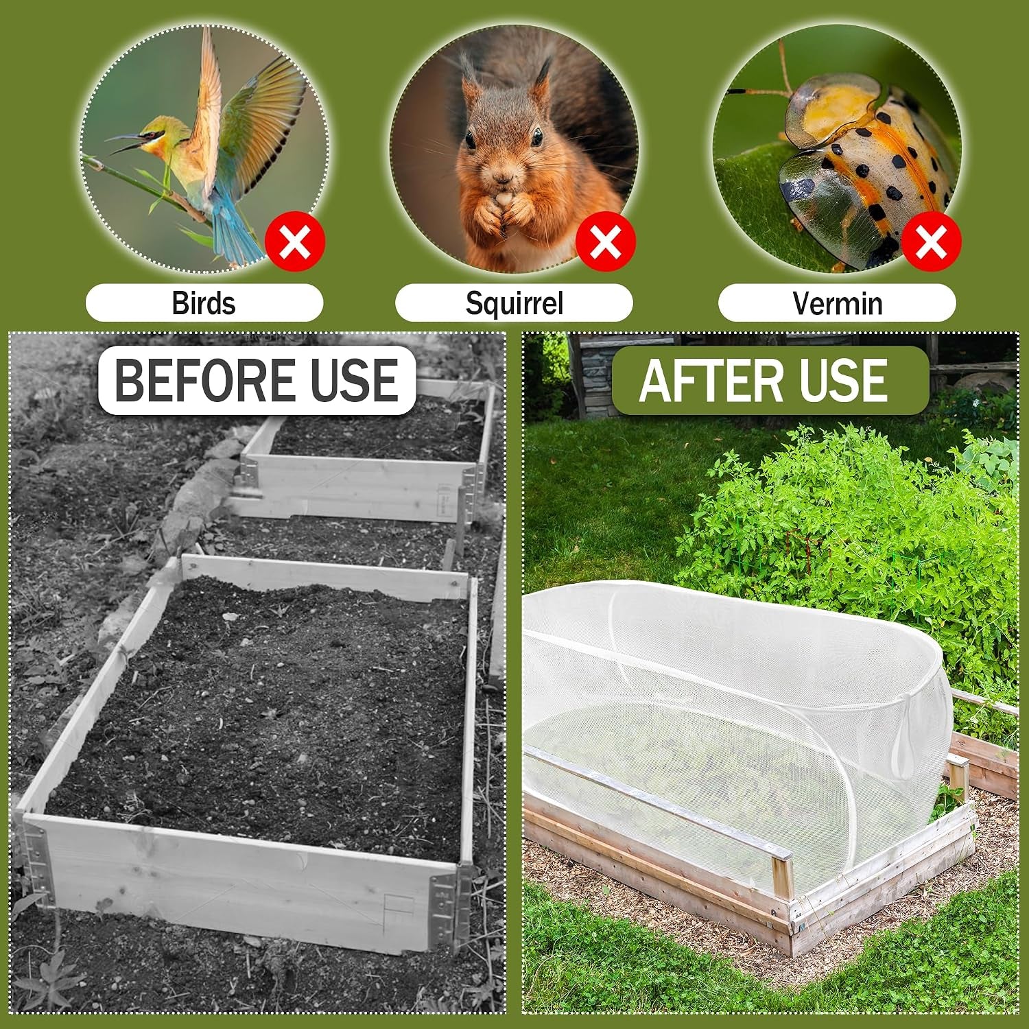 2PCS 47" X 21" X 17" Garden Netting for Raised Beds, Foldable Raised Garden Bed Cover with Ground Nail, Raised Bed Cover Fit 4 X 2Ft Garden Beds, Insect Bird Control, Plant Protection