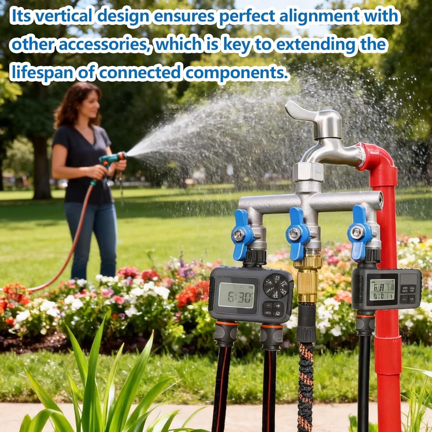 304 Stainless Steel Garden Hose Splitter 3 Way Heavy Duty, Full Flow T Valve Water Hose Splitter with 2.1" Extra Long Handle, Lead-Free，3/4" GHT Thread Connector for Outdoor Spigot Faucet