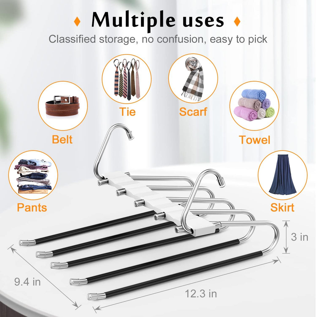 2 Pack Pants Hangers Space Saving, Anti-Slip Multi-Functional Pants Rack, Thickened Stainless Steel Tube with 10 Metal Clips, Two Hanging Modes Suitable for Jeans Trousers Skirts Scarf-White