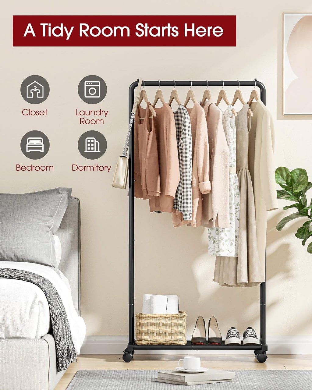 Clothes Rack - Clothing Rack with Storage Mesh Shelf & Casters, Heavy-Duty Metal Clothing Rack for Hanging Clothes, Dresses, Coats, Large Load Capacity, Easy Assembly, Black, 28.0"X16.9"X59.0"