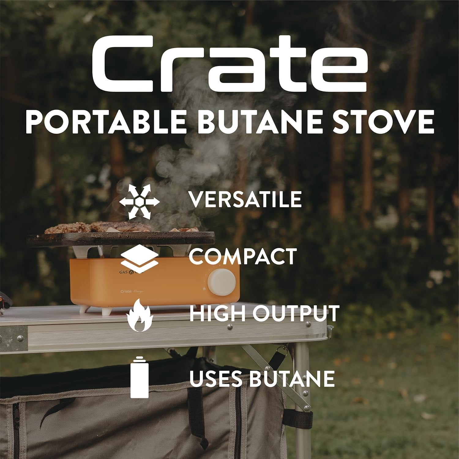 Butane Fuel Camp Stove – Crate Series - Mini Stove for Camping, Hiking – Portable Gas Stove with Spiral Flame – Even Heat Distribution – Modern and Easy to Use (Orange)