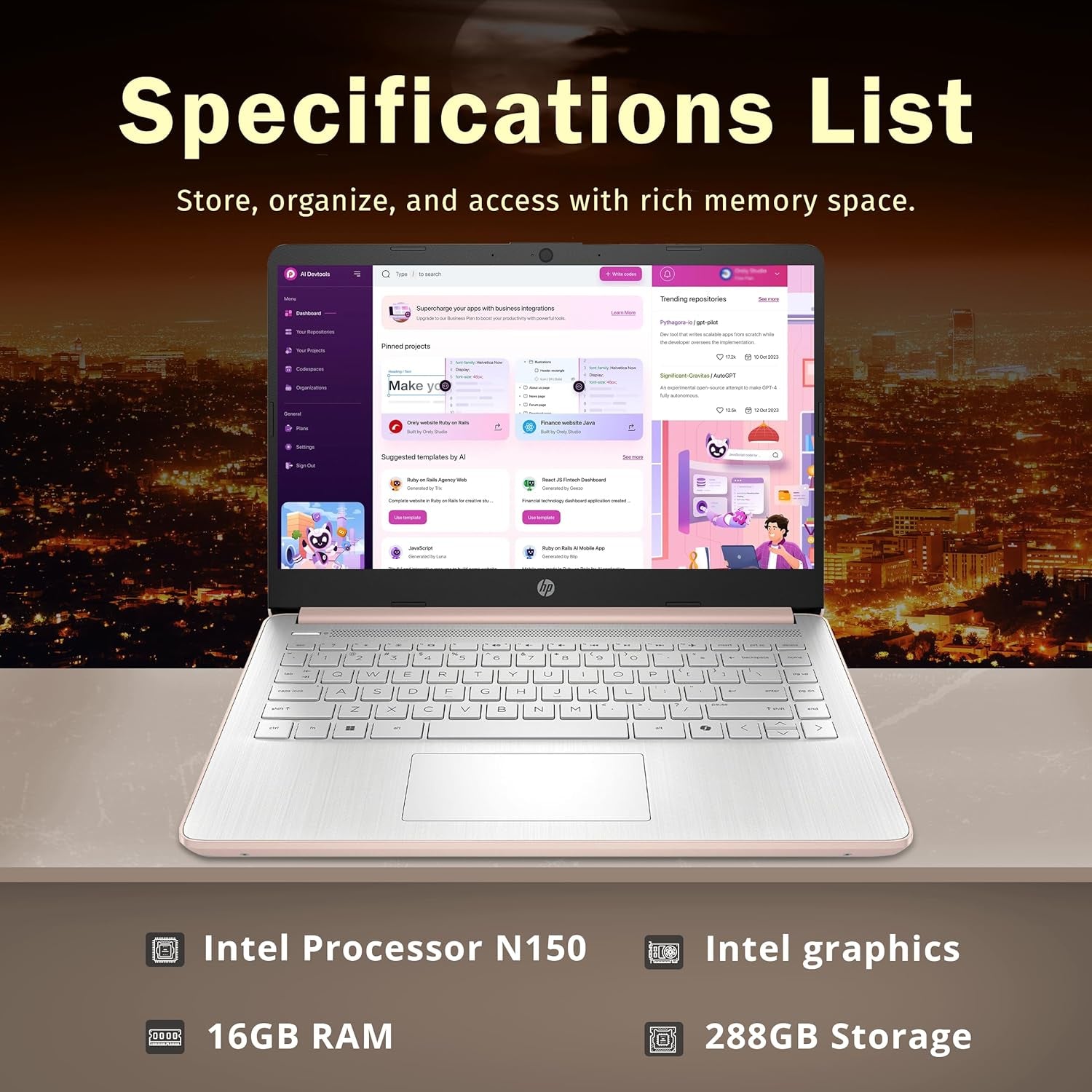 Stream 14" HD Brightview Laptop, Intel Celeron N150, 16GB RAM, 288GB Storage (128GB UFS + 160GB Docking Station Set), Intel UHD Graphics, 720P Webcam, Wi-Fi, 1 Year Office 365, Win 11 S, Gold