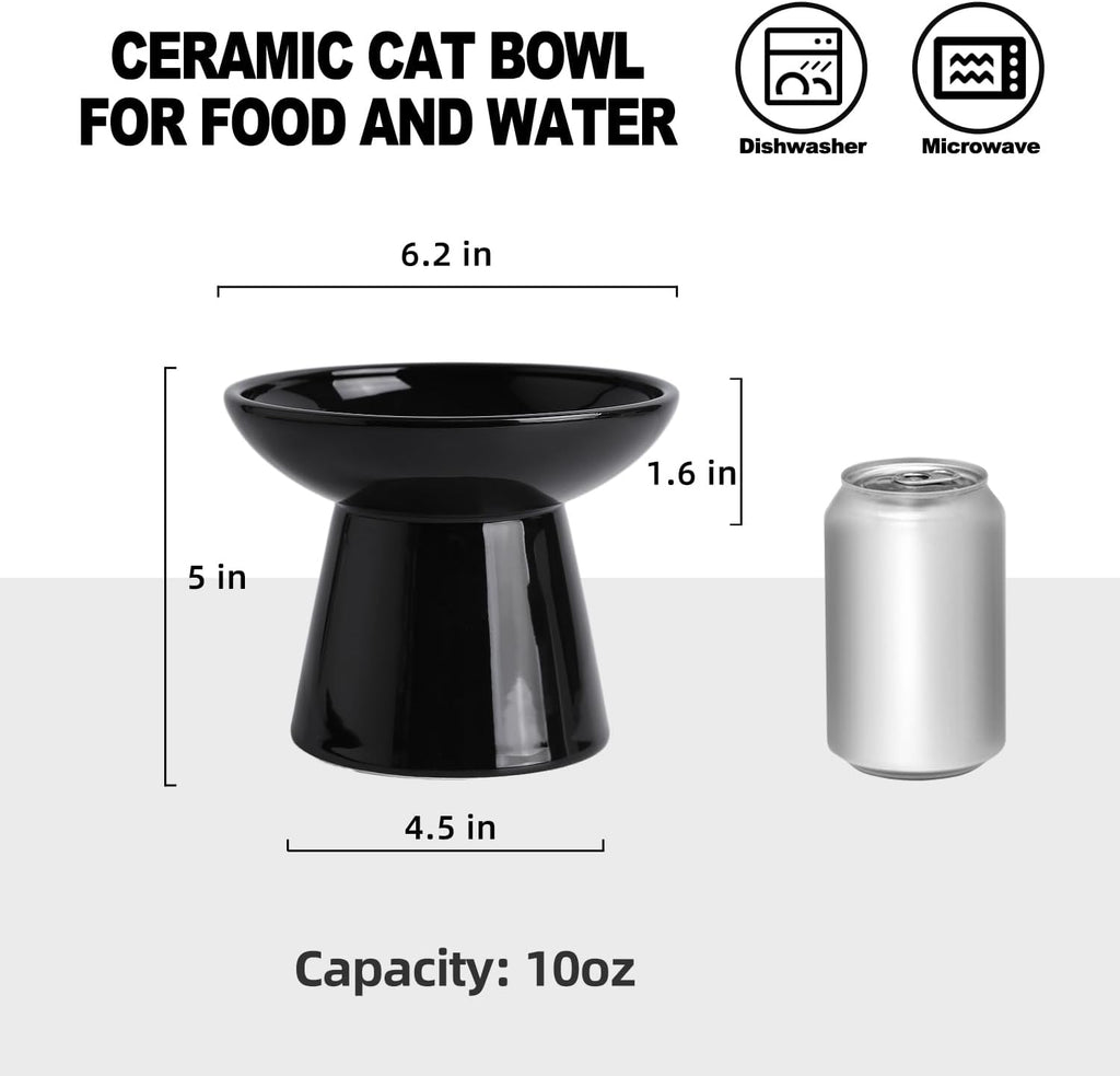 Ceramic Elevated Cat Bowls - 6.2 Inch Extra Wide Raised Cat Food and Water Bowl Set for Indoor Cats, Whisker-Friendly Ceramic Cat Dish for Elder Big Cats & Small Dogs,Black,2 Pack