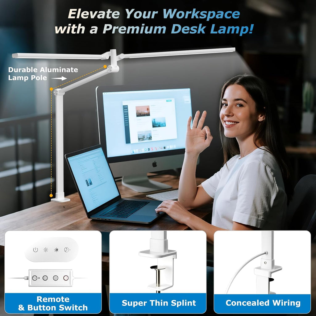 LED Desk Lamp, Double Swing Arm Wide Lighting Area Desk Lamps for Home Office with Stepless Dimming, Eye-Caring Architect Desk Light with Clamp for Reading, Study, Workbench, Drafting(White)