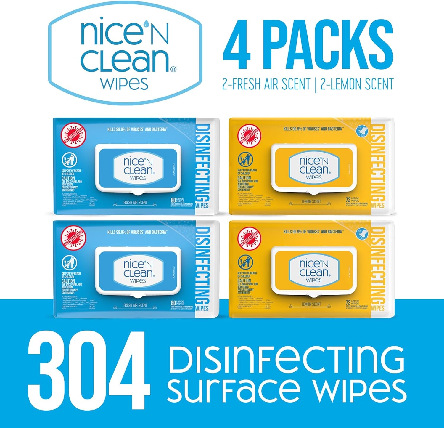 Disinfecting Surface Wipes 304Ct | Cleans & Disinfects Home & Kitchen Surfaces | Fresh & Lemon Scent