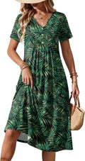 Women Summer Dresses Casual Short Sleeve Midi Dress with Pockets | Empire Waist, a Line, V Neck, Button Decor, Floral, Flowy, Loose Fit, Beach Vacation T Shirt Sundress