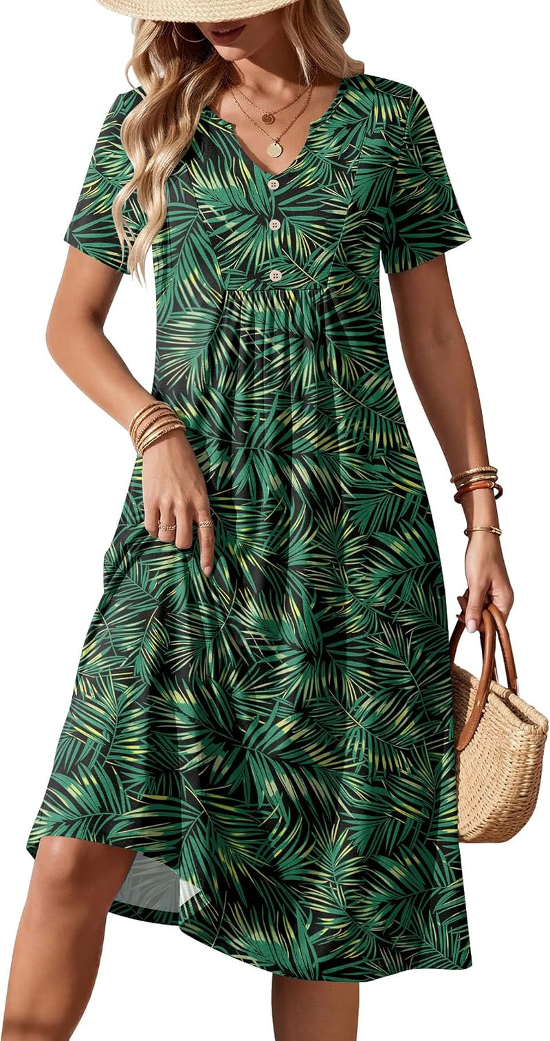 Women Summer Dresses Casual Short Sleeve Midi Dress with Pockets | Empire Waist, a Line, V Neck, Button Decor, Floral, Flowy, Loose Fit, Beach Vacation T Shirt Sundress