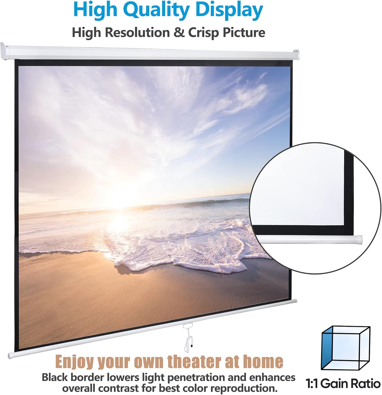 Projector Screen Pull down 100 Inch 16:9 HD, Manual Projection Screen Home Theater, Portable Indoor Outdoor Retractable Movie Screen Ceiling Wall Mount