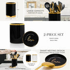 Black and Gold Utensil Holder with Built-In Spoon Rest | 2-Piece Black and Gold Spatula Holder, Kitchen Accessory, Utensils Not Included