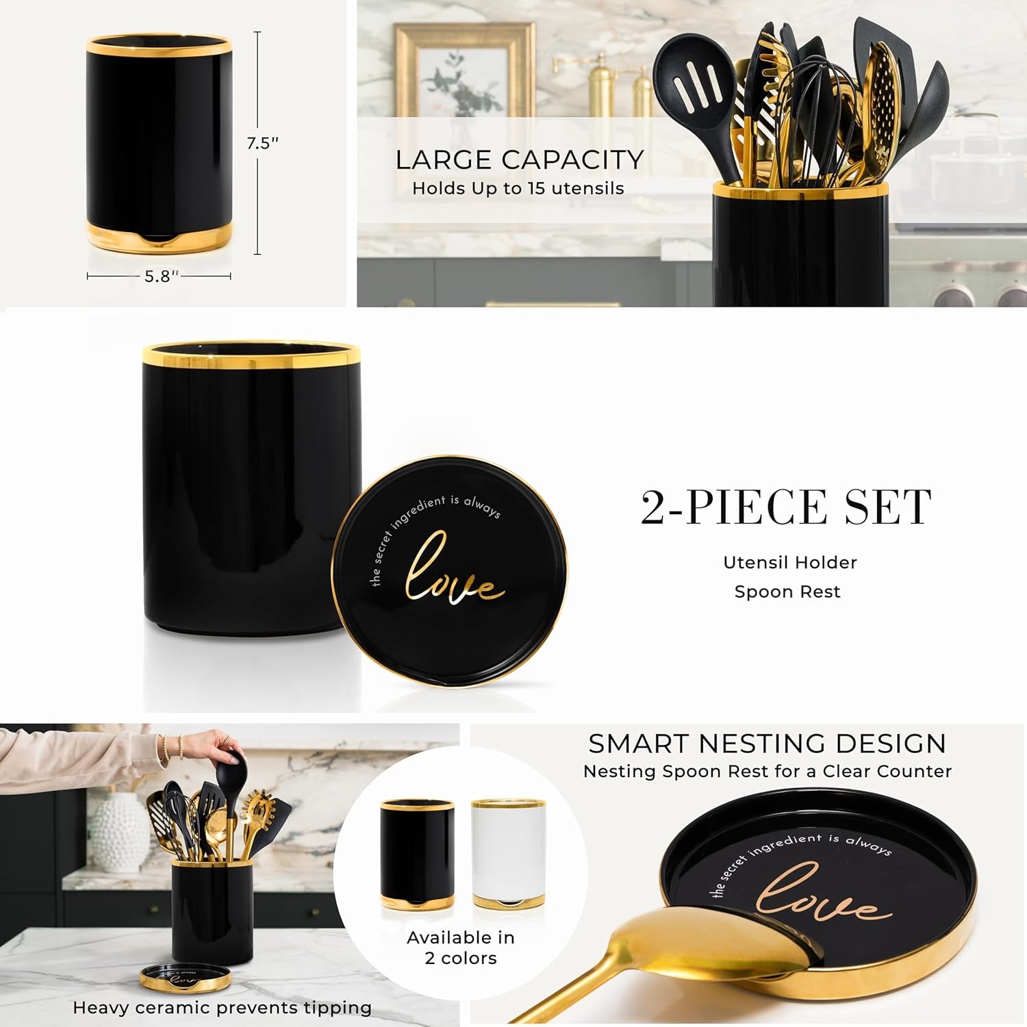 Black and Gold Utensil Holder with Built-In Spoon Rest | 2-Piece Black and Gold Spatula Holder, Kitchen Accessory, Utensils Not Included