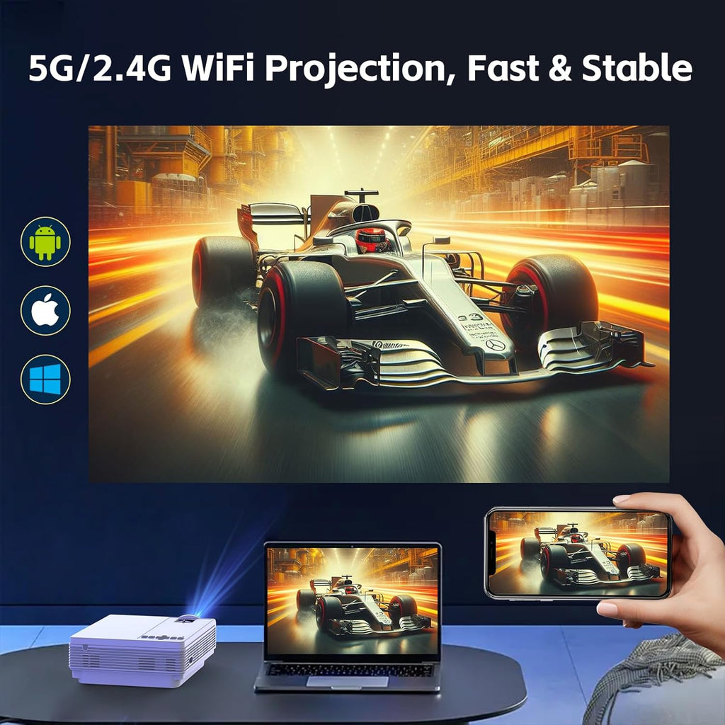 Mini Projector with Wifi and Bluetooth, 12000L Native 1080P HD Projector 4K Supported, Portable Phone Projector for Android and IOS, HDMI/USB/PC/TV Stick/Switch Supported (White-Gris)