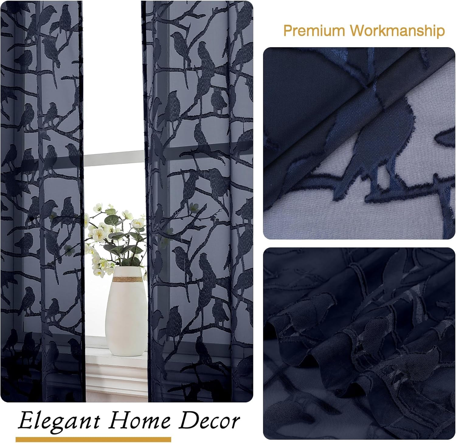 Textured Navy Blue Sheer Curtains 84 Inches Long 2 Panels Set, Light Filtering Leaf Bird Jacquard Voile Semi Sheer Curtains for Bedroom, Dual Rod Pocket Farmhouse Window Drapes, 2X38Wx84L Inches