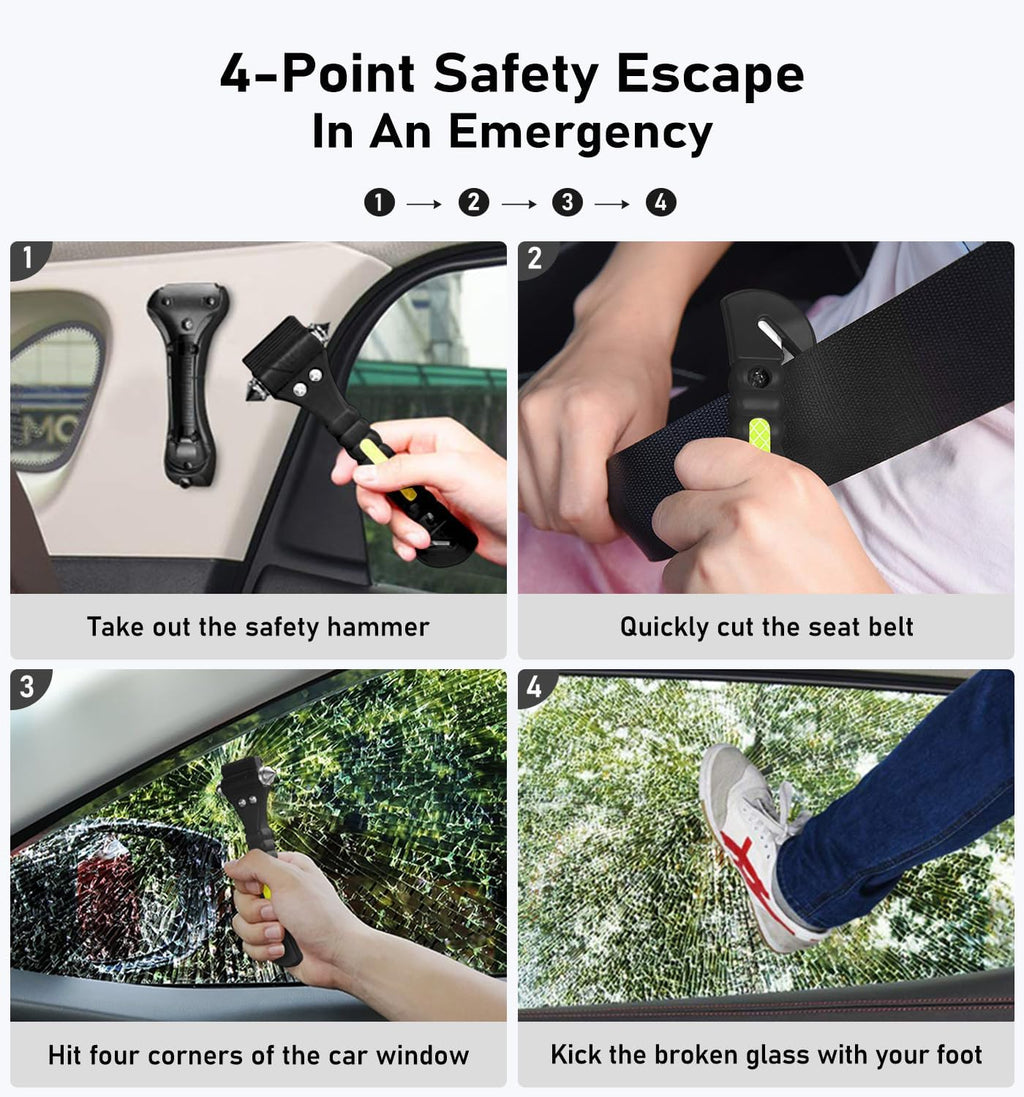 Car Safety Hammer 4 Pack, Car Window Glass Breaker and Seat Belt Cutter Auto Emergency Escape Tool with Light Reflective Tape for Family Rescue, Life Saving Survival Kit