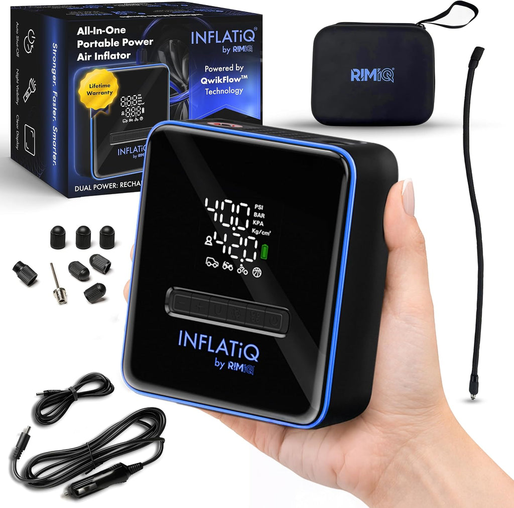 Inflatiq by  Tire Inflator Blue - Powerful, Award-Winning QWIKFLOW Technology with 2 Portable Power Options Included - Strong Vehicle Air Pump for Trucks, Cars, Motorcycles, Bicycles, Balls