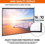 100'' 16:10 HD Projection Screen Foldable Anti-Crease Portable Projector Movie Screen Manual Pull down for Home Theater Presentation Education Outdoor Indoor Public Display, White