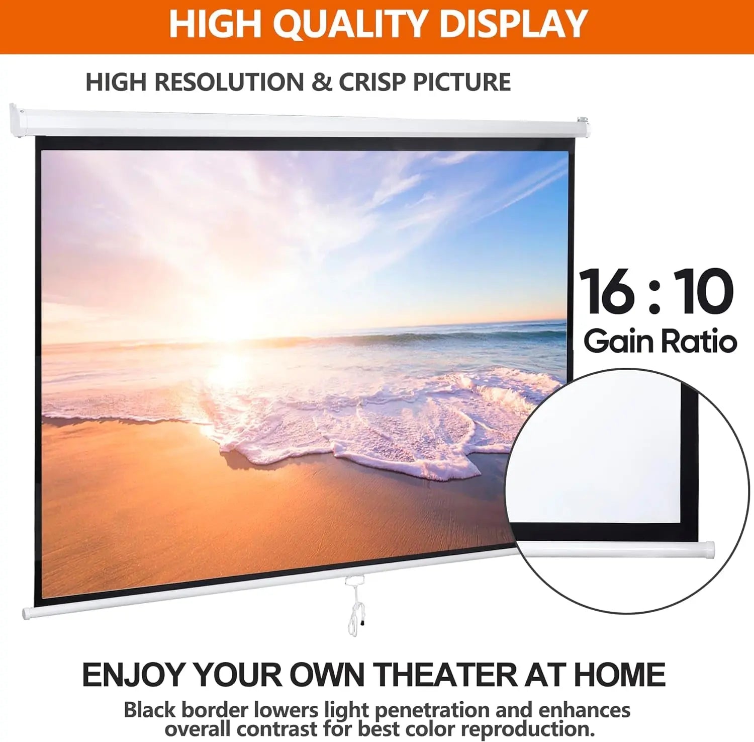 100'' 16:10 HD Projection Screen Foldable Anti-Crease Portable Projector Movie Screen Manual Pull down for Home Theater Presentation Education Outdoor Indoor Public Display, White