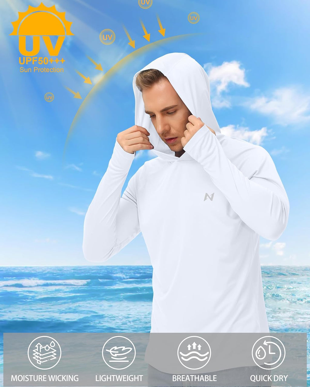Sun Shirt UPF 50+ Men'S Fishing Shirt Long Sleeve UV Protection Hoodie Rash Guard for Swimming Running Hiking Light