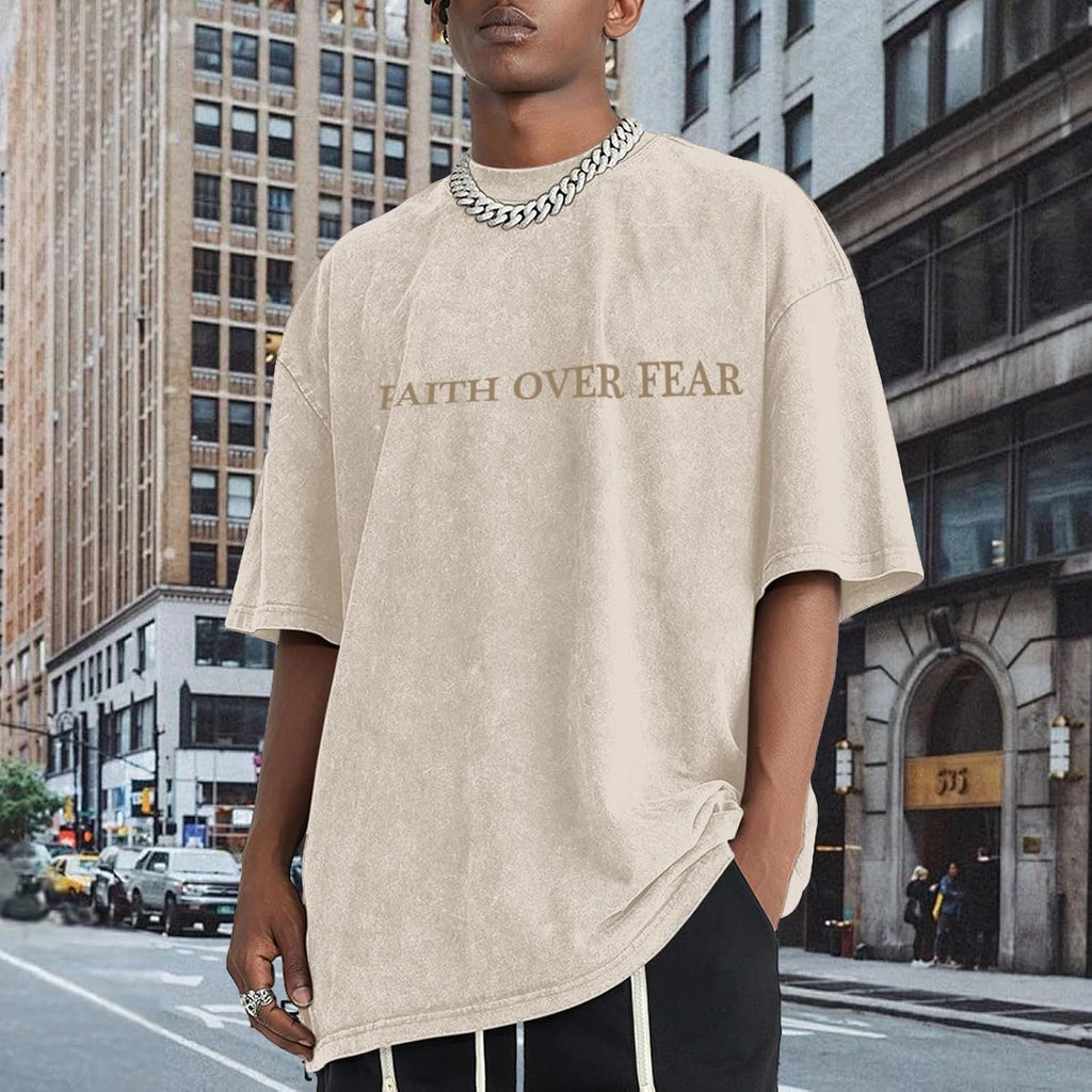 Christian Faith over Fear Shirt for Men Jesus Religious Shirts Oversized Graphic Tees Acid Wash God T-Shirt