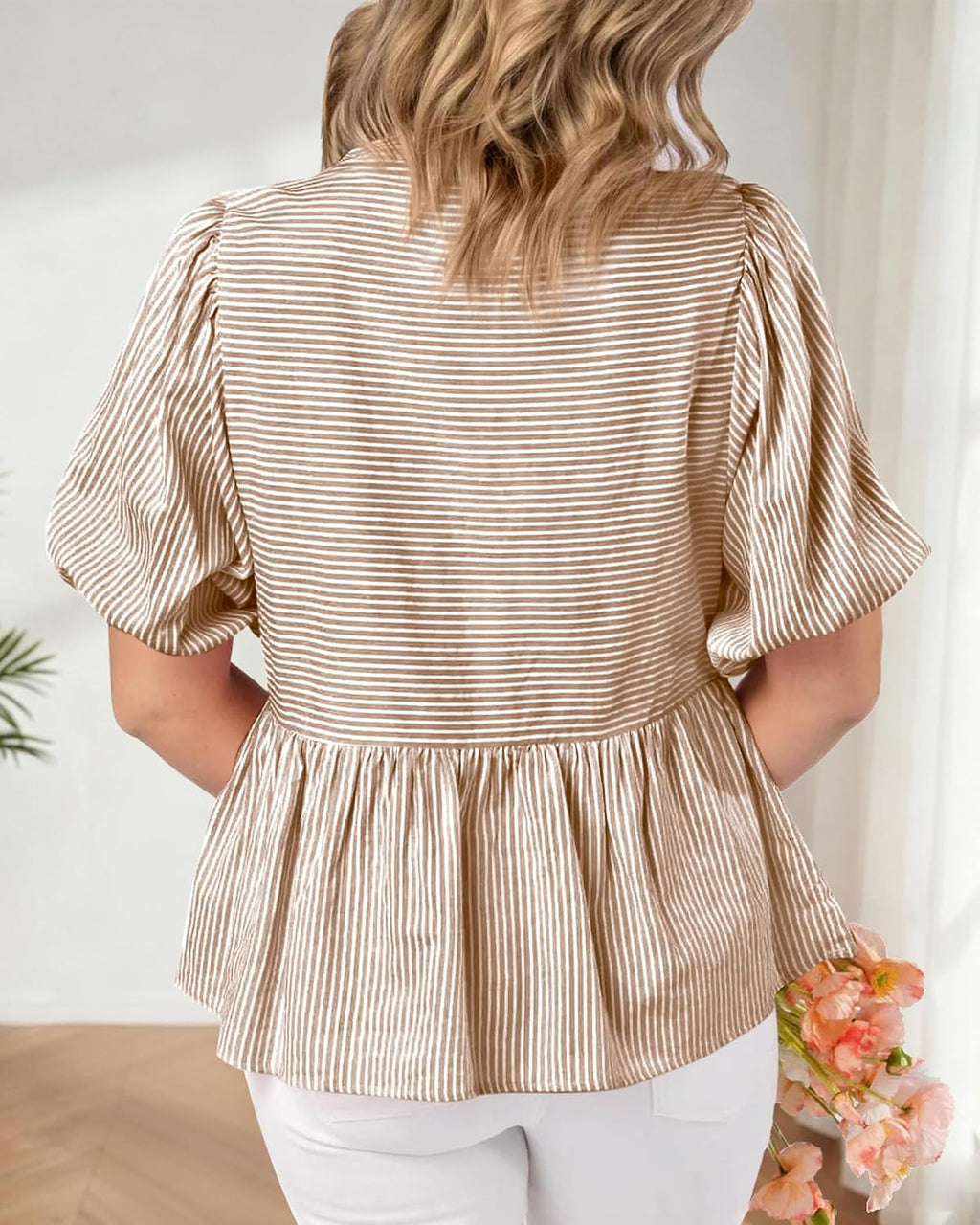 Women Lantern Sleeve Button up Stripes Babydoll Tops | Summer V Neck Lace Trim Peplum Shirts,Fall Fashion Striped Loose Tunic Top,Spring Business Casual Beach Vacation Clothes