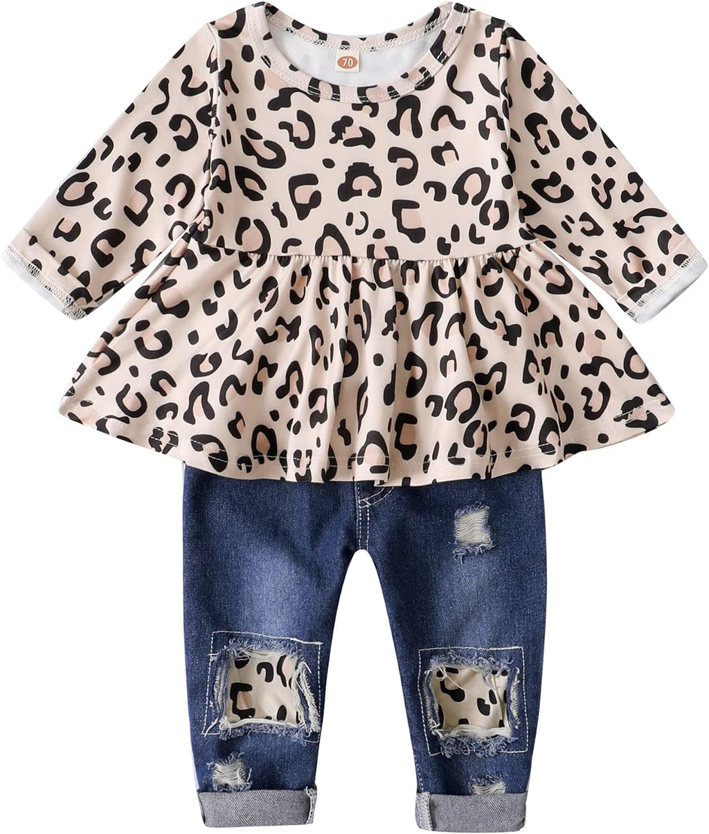 Baby Girl Clothes 12 18 24 Months Outfits for Infant Toddler Denim Girls' Clothing Ruffle Top Ripped Jeans Pant Sets | Baby Girl Christmas Outfit with Headband,Long Sleeve Bow Tops Pants Little Girls Clothing Sets,Cute Gifts Clothes for Holiday