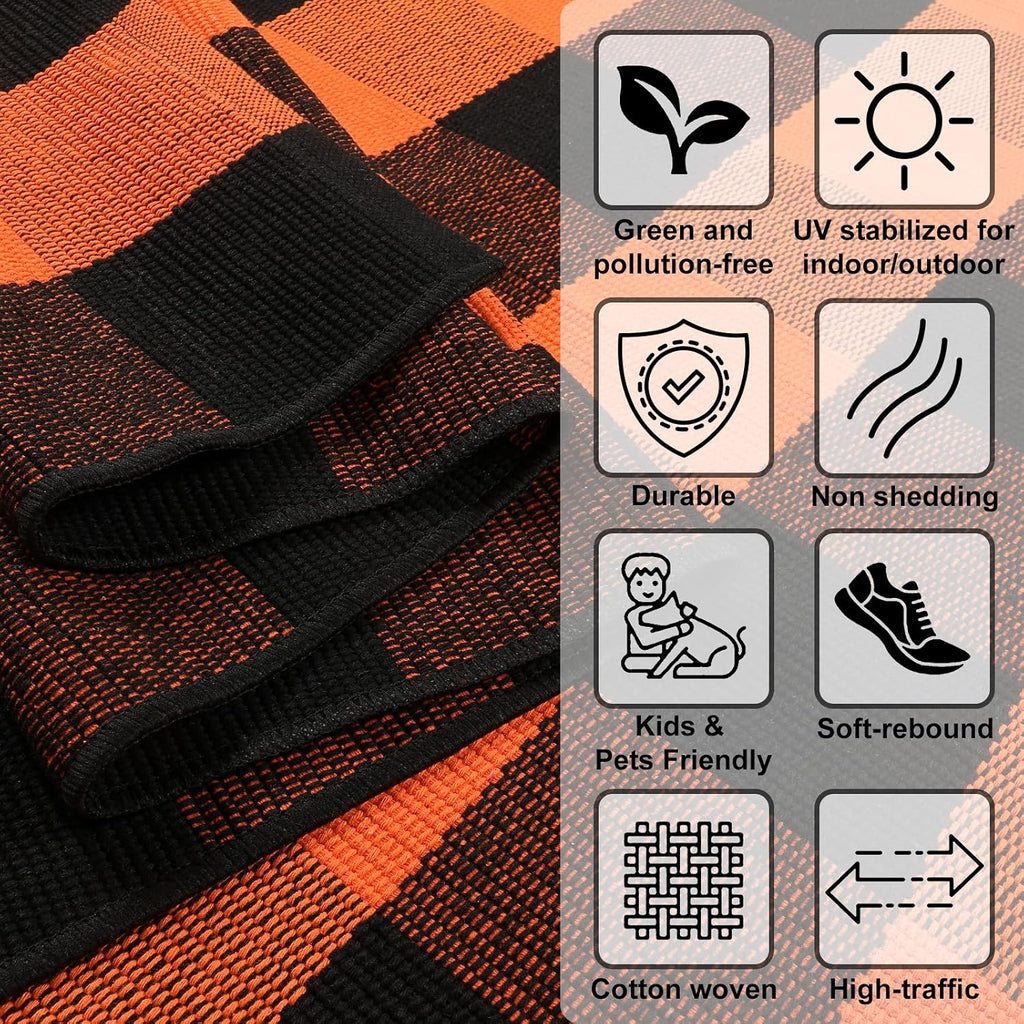 Halloween Buffalo Plaid Outdoor Rug, Fall Decor Front Porch Rug | 2'4" X 3'7" Black and Orange Washable Thanksgiving Layered Door Mat, Cotton Woven Fall Entryway Rugs for Kitchen Patio