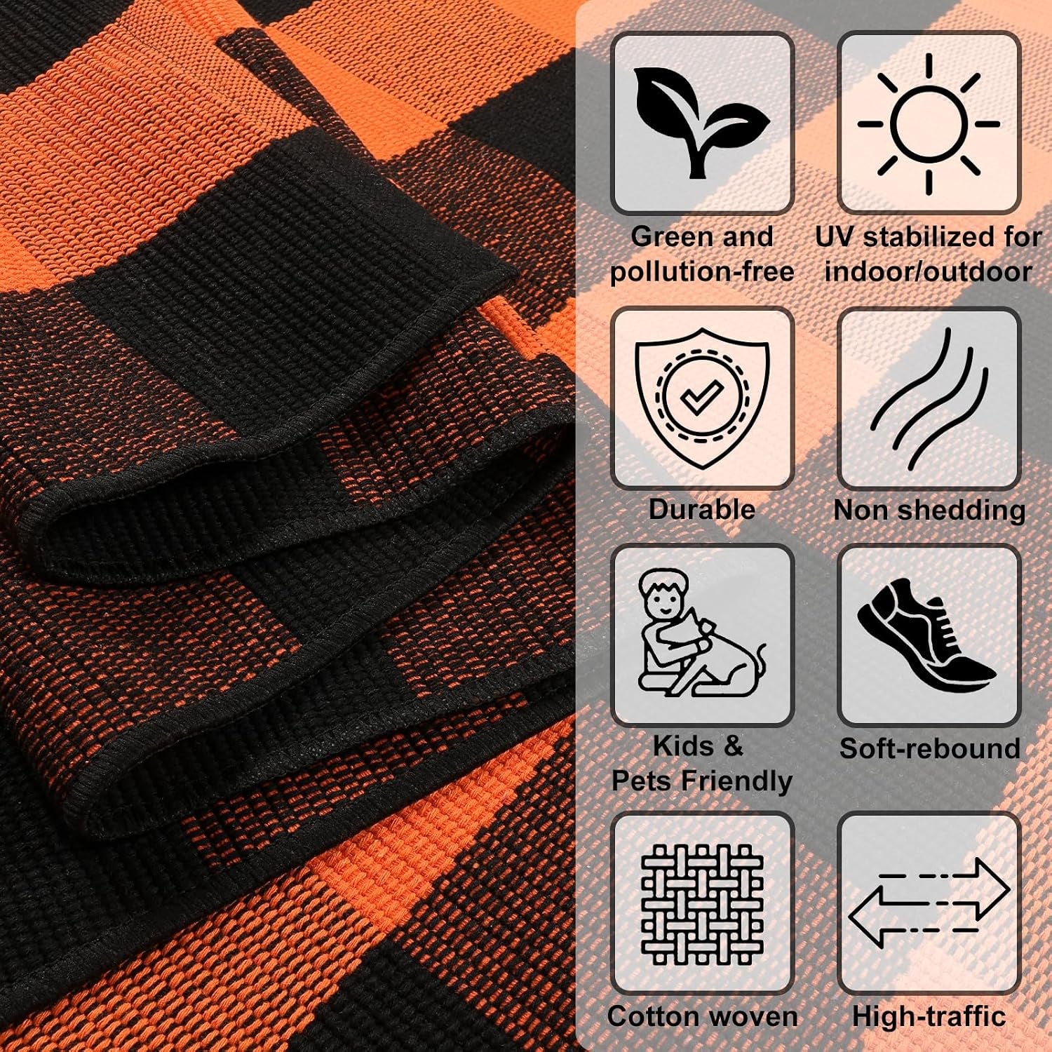 Halloween Buffalo Plaid Outdoor Rug, Fall Decor Front Porch Rug | 2'4" X 3'7" Black and Orange Washable Thanksgiving Layered Door Mat, Cotton Woven Fall Entryway Rugs for Kitchen Patio