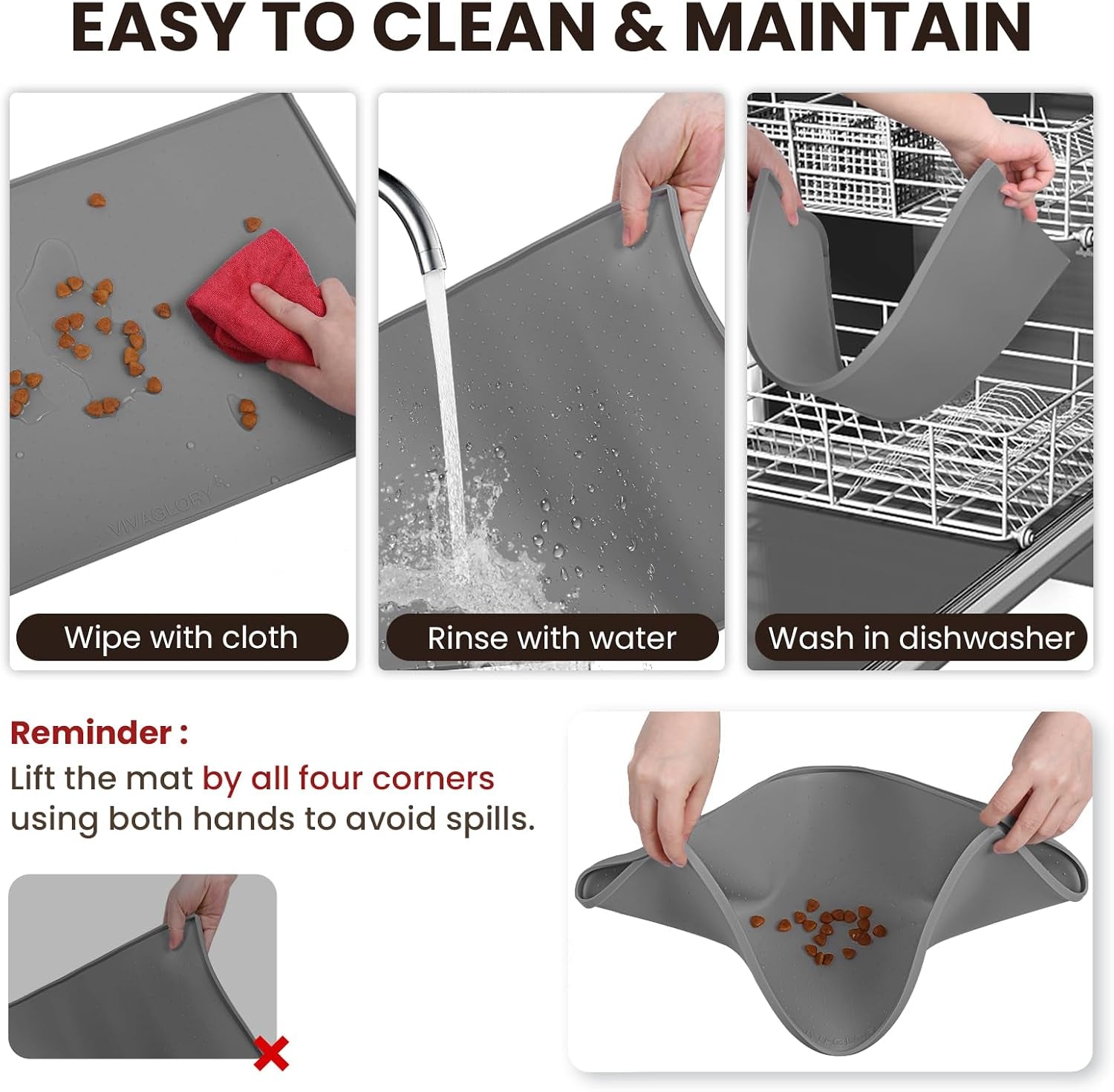 Pet Food Mat Grippymat Dog Bowl Mat, 24" L X 16" W, Grey | Placemat with Raised Edge for Indoor, Waterproof Silicone for Cat Kitty & Puppy