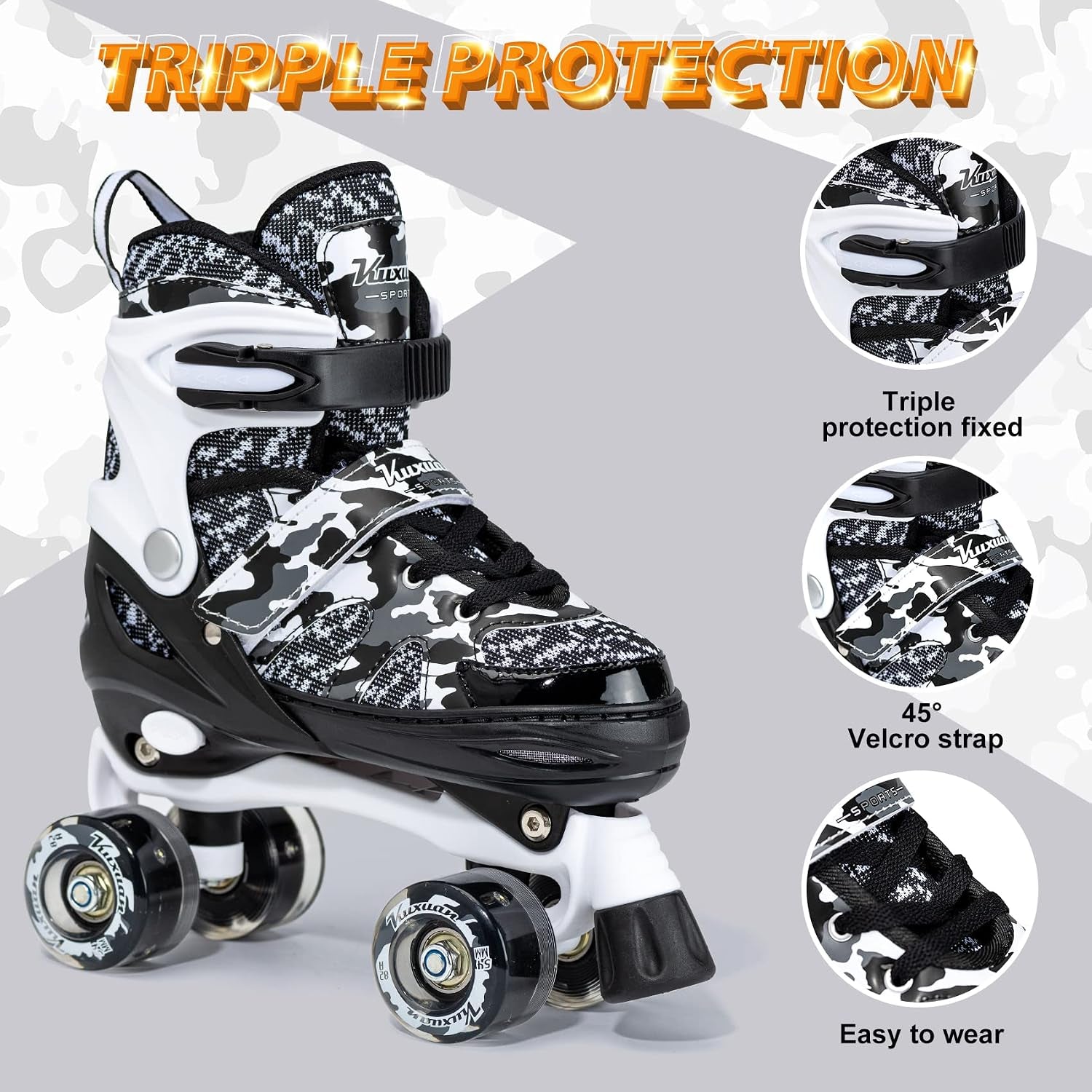 Boys and Girls Camo Adjustable Roller Skates with Light up Wheels, Fun Illuminating Rollerskate for Kids Girls Youth