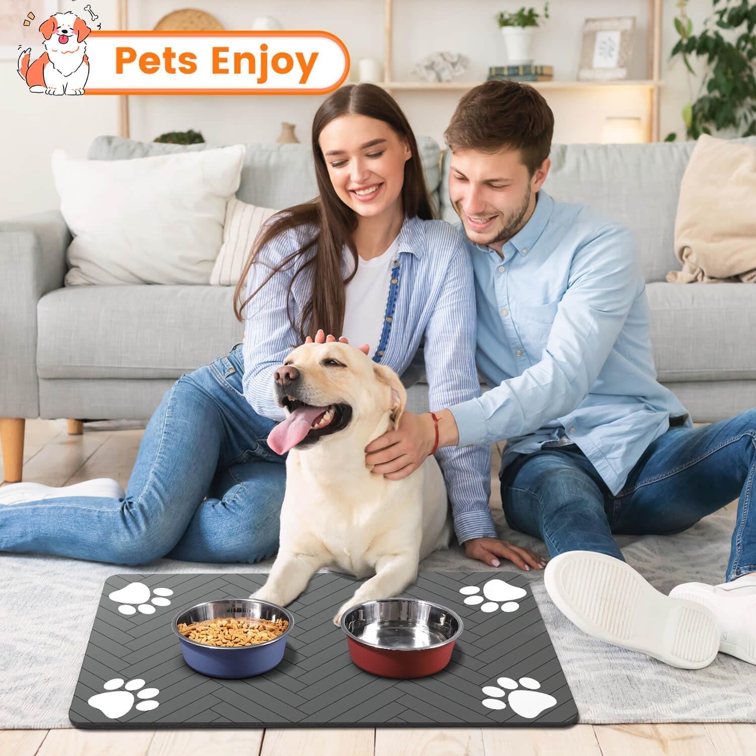 Pet Feeding Mat-Absorbent Pet Placemat for Food and Water Bowl, with Waterproof Rubber Backing, Quick Dry Water Dispenser Mat for Dog and Cat (24"X16", Navy Blue)