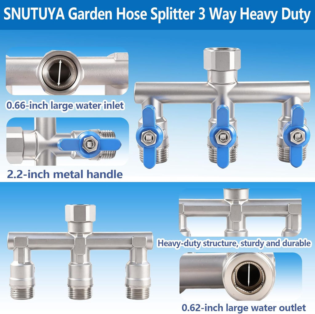 304 Stainless Steel Garden Hose Splitter 3 Way Heavy Duty, Full Flow T Valve Water Hose Splitter with 2.1" Extra Long Handle, Lead-Free，3/4" GHT Thread Connector for Outdoor Spigot Faucet