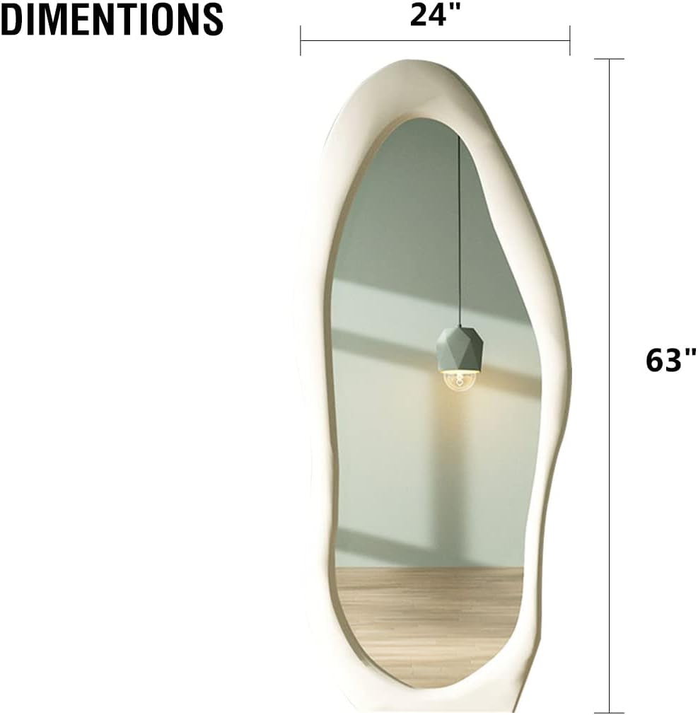 Irregular Wavy Full-Length Mirror, White Wooden Frame, 63"L X 24"W, Wall Mount, Shatterproof & Splash Proof for Bedroom, Living Room, Hallway