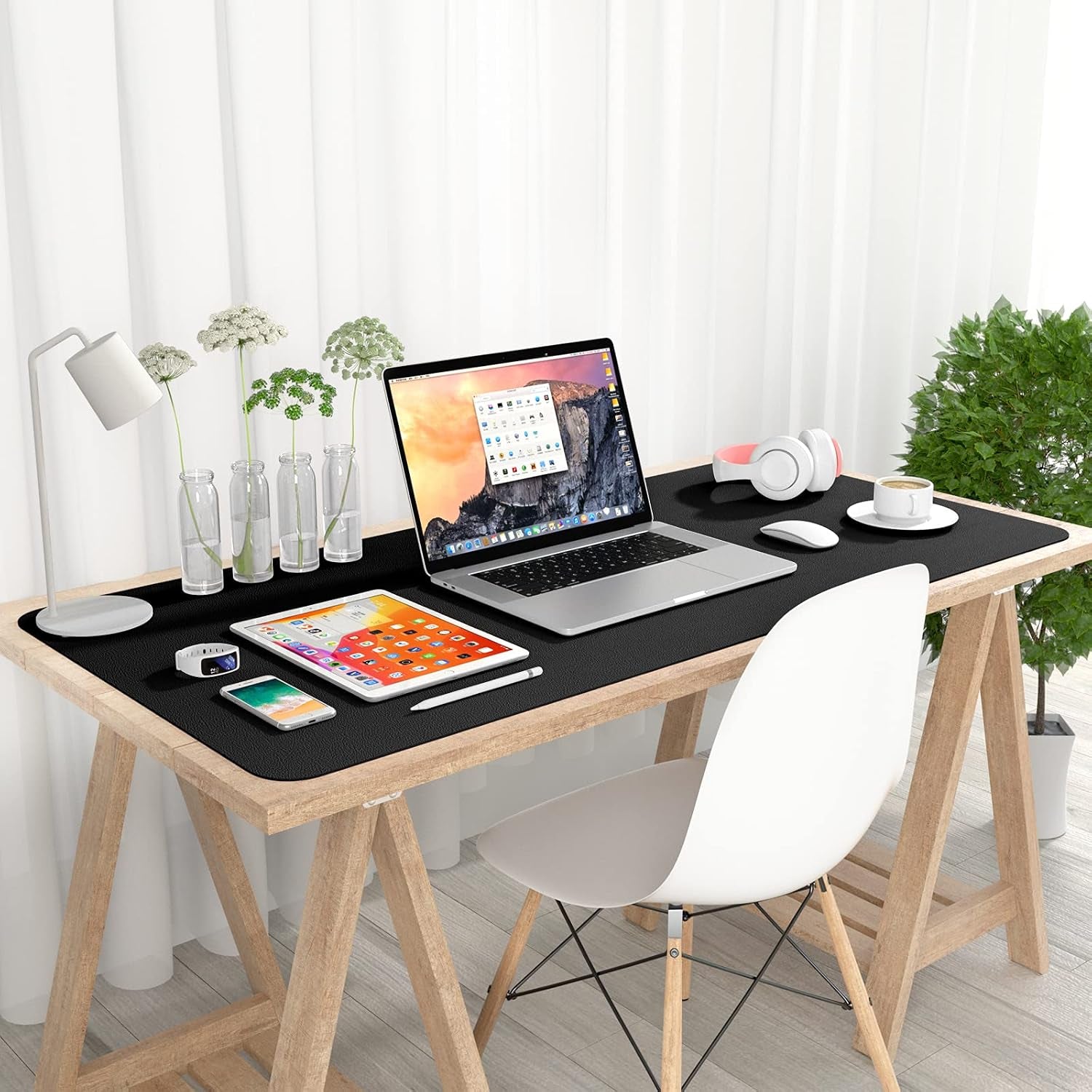 Desk Pad, 35.5" X 17" PU Leather Desk Mat, XXL Extended Mouse Pad, Waterproof Desktop Blotter Protector, Non-Slip Ultra Thin Large Laptop Keyboard Writing Mat for Office Home, Black