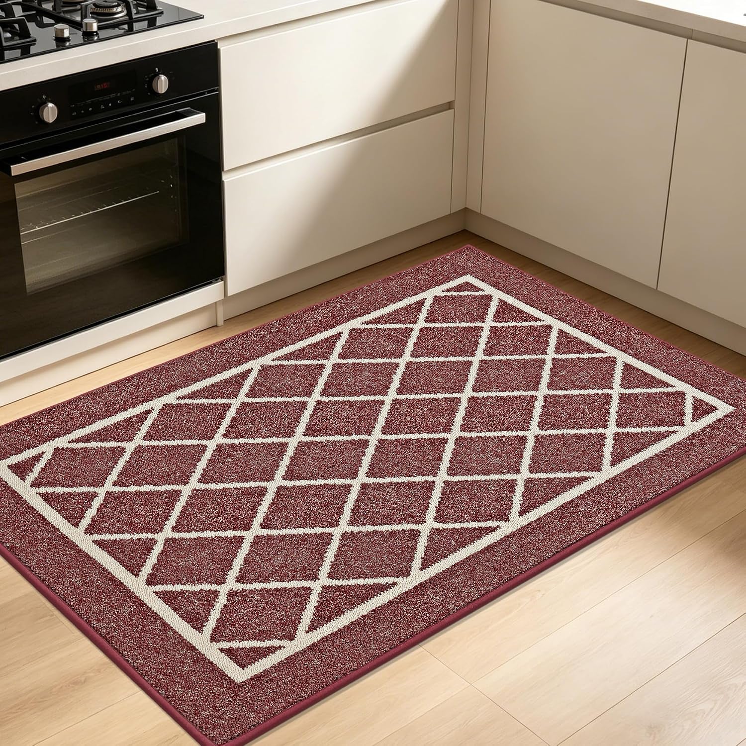 Kitchen Rugs Non Slip Washable Kitchen Mat, Red, 32X48In | Washable Easy Care Kitchen Rug, Absorbent Kitchen Mats for Floor, Stain Resistant Durable Rugs for Kitchen