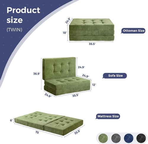 6" Folding Sofa Bed for Floor, Tufted Tri-Fold Floor Mattress with Chenille Fabric, Twin Size Portable Sofa Couch Guest Mat for Adults, Foldable Topper for Camping, Green, 35.4"X75"