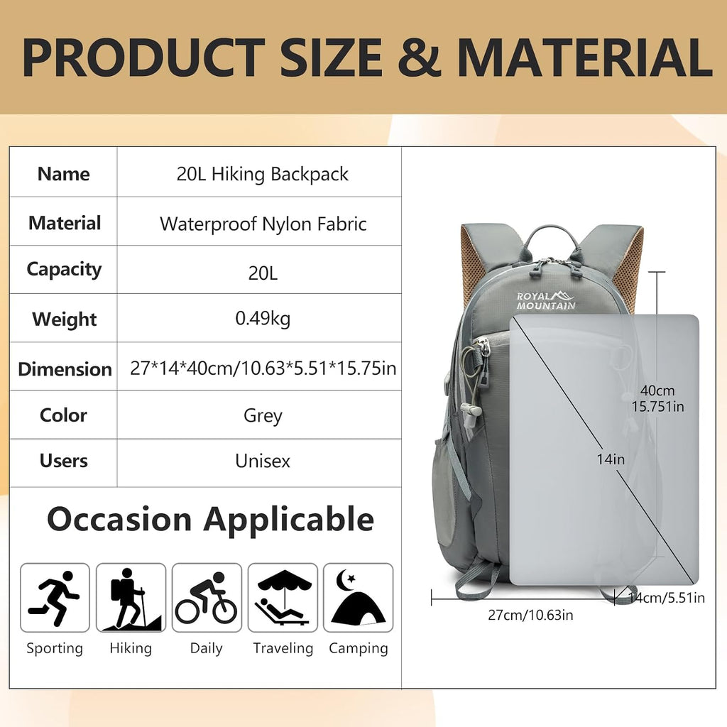 Small Hiking Backpack with Rain-Cover, 20L Travel Backpacks for Women Men, Camping Daypack Backpacks Lightweight, Durable Hiking Backpack Fit for Camping, Daily Commuting, Short Trips (Grey)