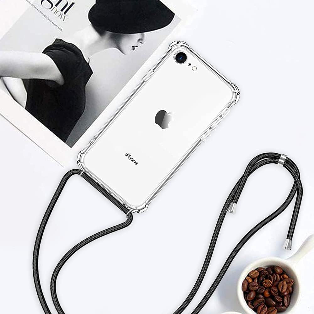 For Iphone 7/8/SE Clear Case Adjustable Shoulder Neck Lanyard Crossbody Strap Phone Cover Women Girls Soft Slim Shockproof Protective Mobile Case for Iphone SE 2020/ Iphone SE 2022 - Black