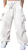 Mens Loose Fit Drawstring Y2K Baggy Parachute Cargo Pants | Harem Joggers, Utility Flap, Deep Side Pockets, Elastic Waistband, Adjustable Hem, Streetwear, Casual Wear, Outdoor Hiking