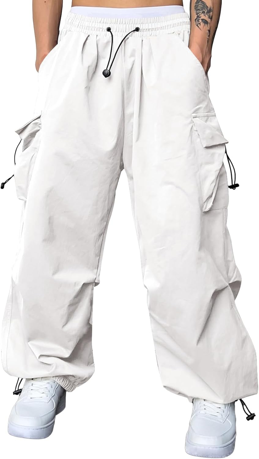 Mens Loose Fit Drawstring Y2K Baggy Parachute Cargo Pants | Harem Joggers, Utility Flap, Deep Side Pockets, Elastic Waistband, Adjustable Hem, Streetwear, Casual Wear, Outdoor Hiking