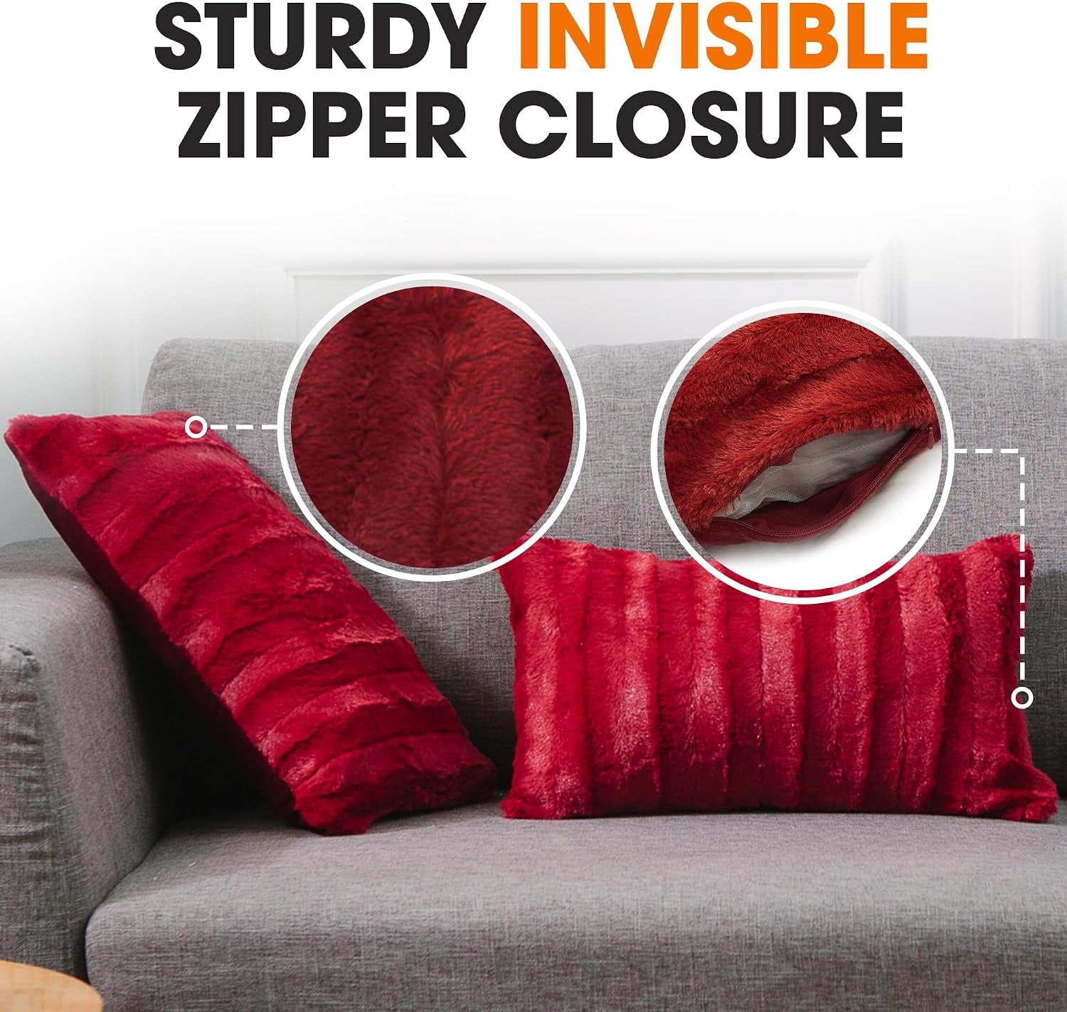 Faux Fur Throw Pillows - Decorative Pillows for Couch, Bed Throw Pillows, Maroon Accent Pillows for Bedroom or Living Room Aesthetic, Set of 2 Furry Throw Pillows, 12" X 20"