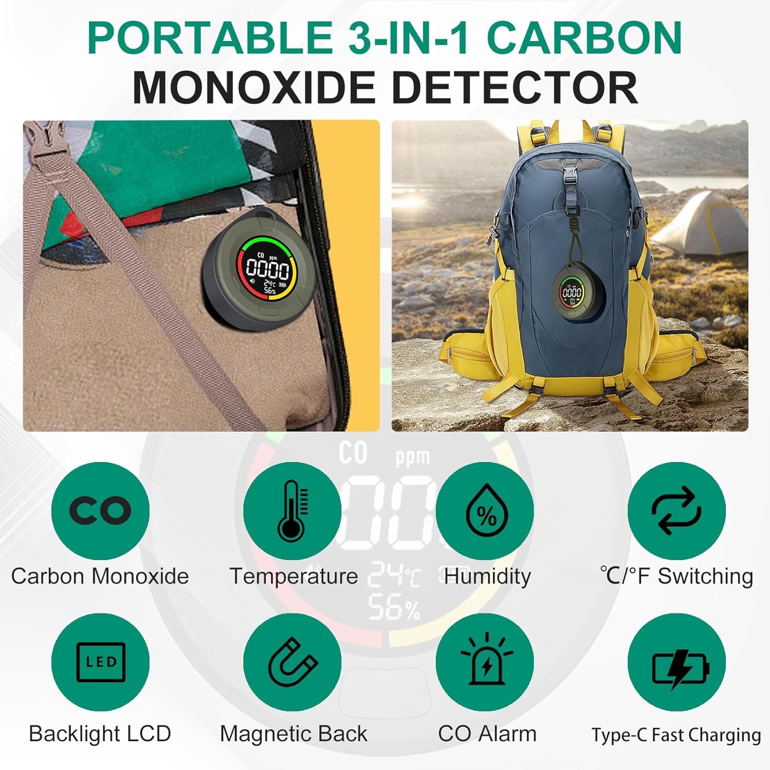 Portable Carbon Monoxide Detectors for Travel, Mini 3-In-1 Carbon Monoxide Monitor with Magnetic Suction, RV CO Detector Alarm Temp/Humidity Sensor, Rechargeable CO Monitor 120HR Standby