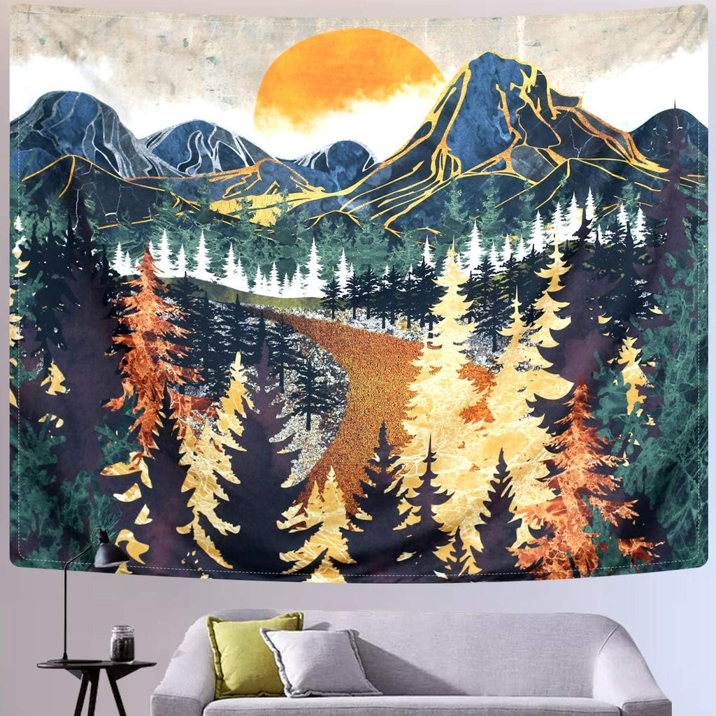 Mountain Wall Hanging Tapestry - Forest Trees Art, Sunset, Road in Nature Landscape Home Decor for Room (51.2 X 59.1 Inches)