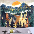 Mountain Wall Hanging Tapestry - Forest Trees Art, Sunset, Road in Nature Landscape Home Decor for Room (51.2 X 59.1 Inches)