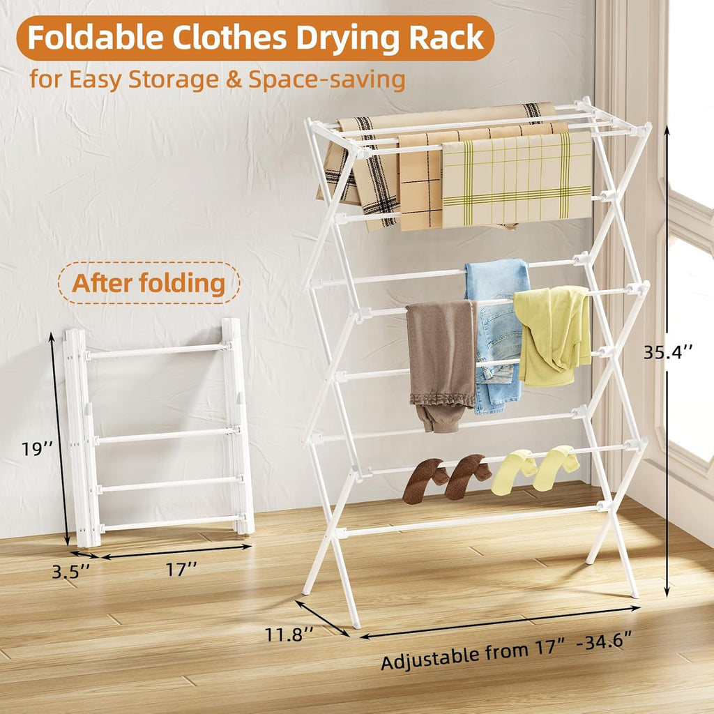 Drying Rack Clothing, 3-Tier Clothes Drying Rack Foldable, Antirust Laundry Drying Rack Collapsible Use for Indoor & Outdoor, 11.8" D X 34.6" W X 35.4" H, White