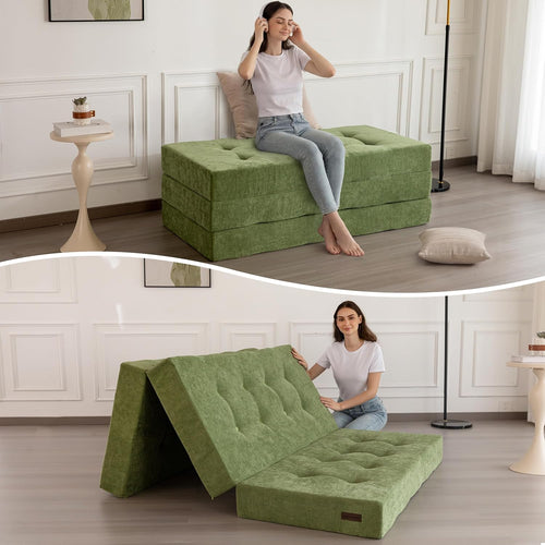 6" Folding Sofa Bed for Floor, Tufted Tri-Fold Floor Mattress with Chenille Fabric, Twin Size Portable Sofa Couch Guest Mat for Adults, Foldable Topper for Camping, Green, 35.4"X75"