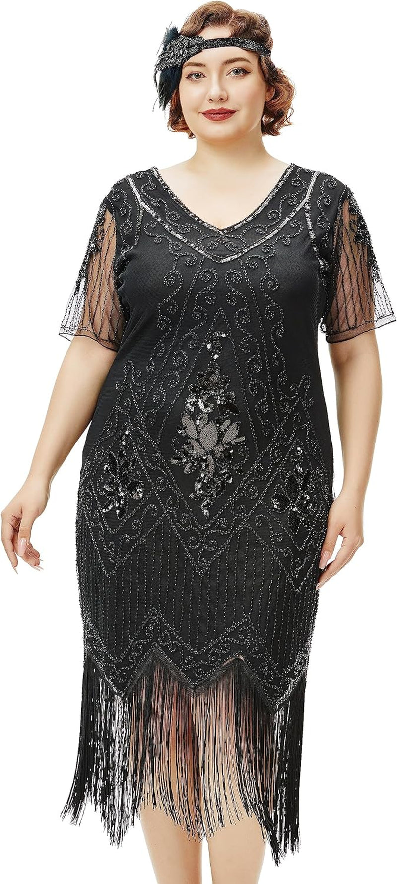 plus Size Flapper Dress 1920S Great Gatsby Costume Cocktail | plus Size Friendly, Fringe & Sequin Accents, Tassel Hem, Sequin-Beaded Vintage Pattern, for Roaring 20S Party