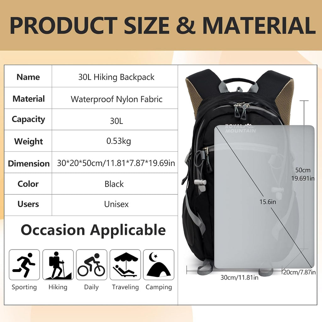 Hiking Backpack with Rain-Cover, 30L Travel Backpacks for Women Men, Camping Daypack Backpacks Lightweight, Durable Hiking Backpack Fit for Camping,Daily Commuting, Short Trips (Black)