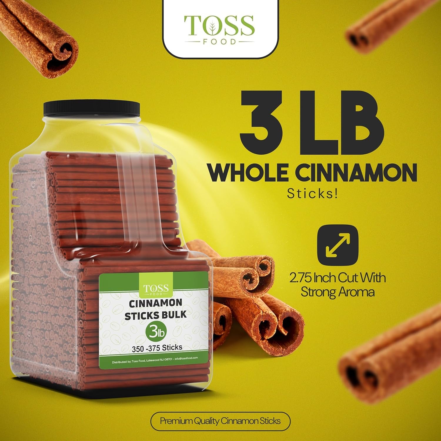 Cinnamon Sticks Whole Bulk 3 LB Jar - 2.75 Inch Cut with Strong Aroma, Perfect for Crafts,Baking, Cooking & Tea- 350+ Cassia Cinammon Stick